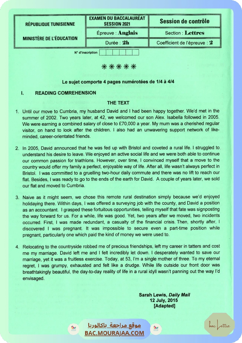 Sujet controle anglais Bac 2021 – Section lettre